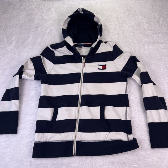 VTG Tommy Hilfiger Women's Large Full Zip Hoodie Navy/White Striped 2000's - Picture 1 of 7